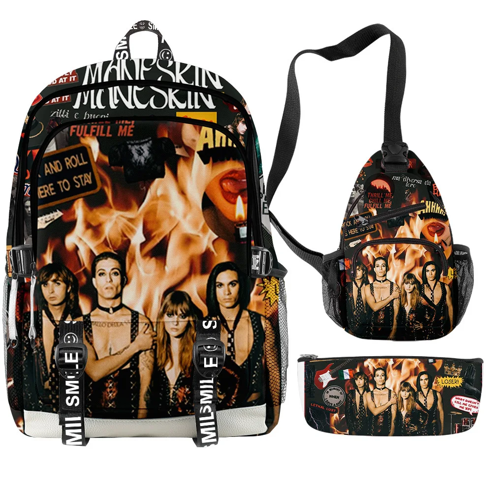 

Harajuku Popular Funny Maneskin 3D Printed 3pcs/Set Student School Bags multifunction Travel Backpack Chest Bag Pencil Case