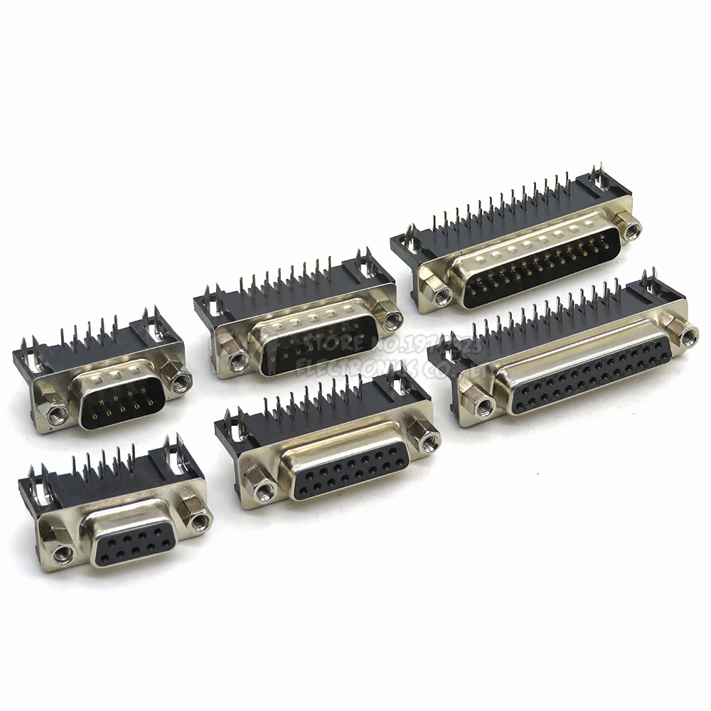 5PCS DR9 DR15 DR25 Female Male PCB Mount D-Sub 9 pin PCB Connector RS232 Connector 90-degree bent needle