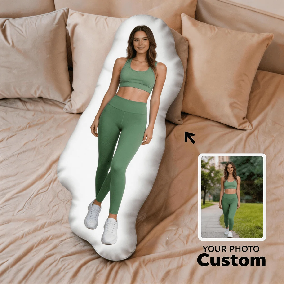 Personalized Photo Customization: Individual Character Figure Green Toned Custom Shaped Decorative Cushion, Stylized Accent 60CM
