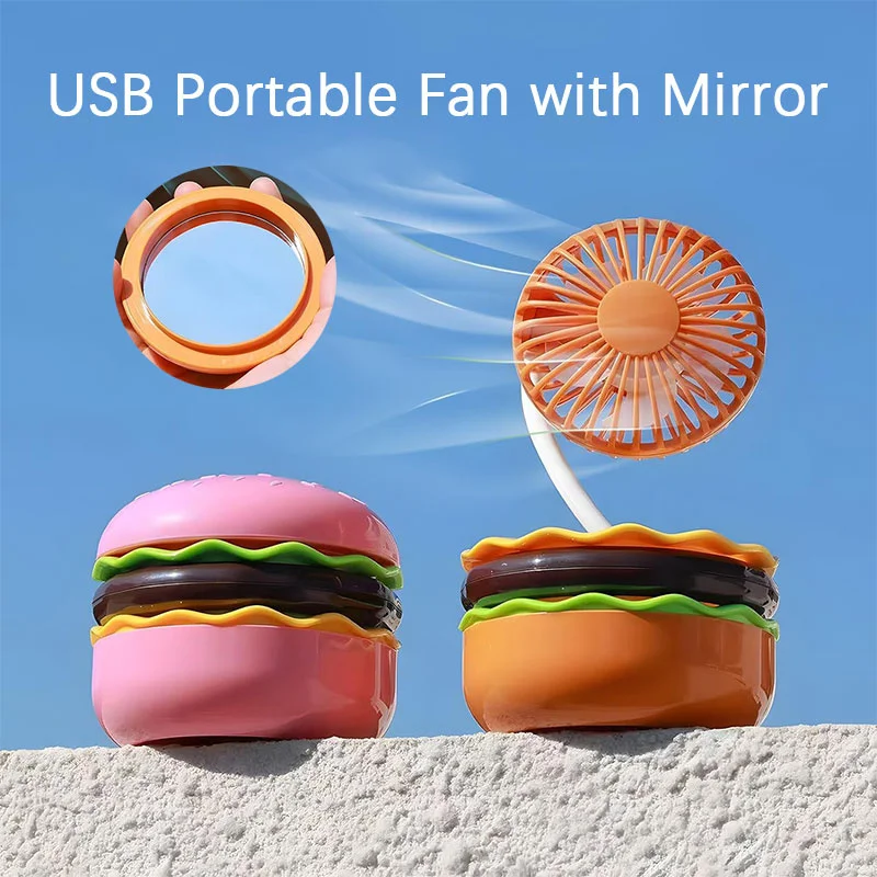 USB Portable Fan Powerful Hamburger Desk Fan Rechargeable 3 Speed Personal Hand Fan