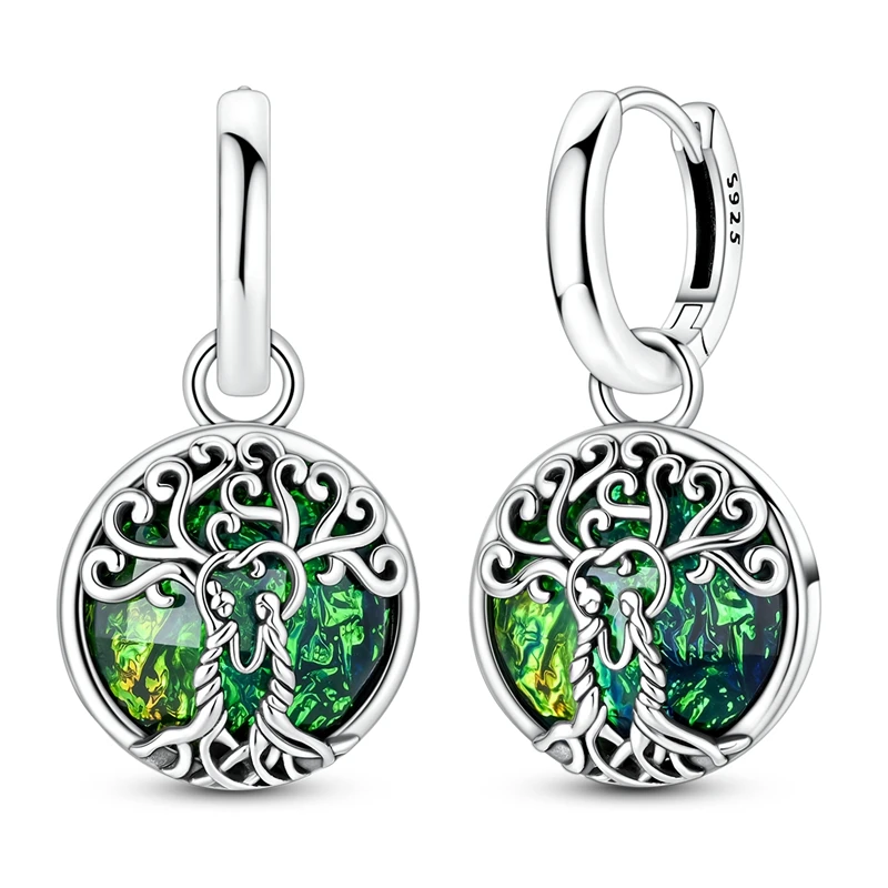925 Sterling Silver Tree of Life Dangle Huggie Hoop Earrings Celtic Knot Family Bond Green Opal‑Style Ear Buckle Jewelry Gift