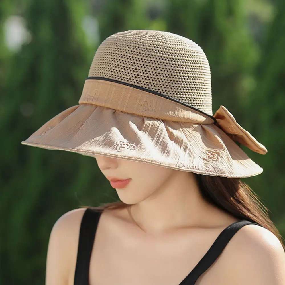 Sunscreen Cap Wide Brim Bow Fisherman Hat Sunscreen Bow Wide Brim Fishermen Cap Exquisite Breathable Sunscreen Bucket Hat Girl