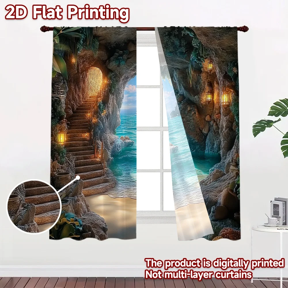 2D flat 2pcs Curtain Country Style Cave Seascape Durable polyester fiber Party Decorations Use for Indoor Celebrations for