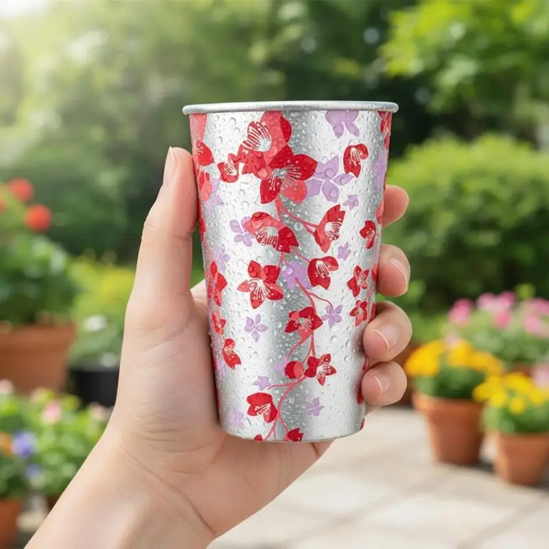 Cherry Blossom Pattern Color Changing Aluminum Cup Anti Fall For Cold Drink Beer Cola Juice Bar Outdoor Home