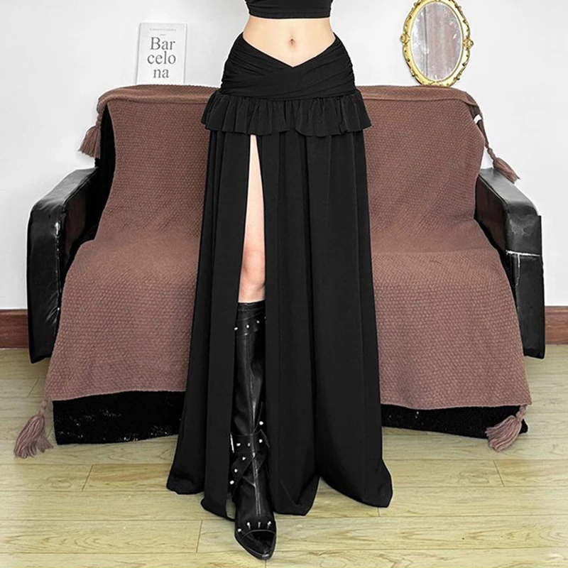 Y2K Black Splits Long Skirt Women Harajuku Sexy Ruffles Slit Maxi Skirts Summer Streetwear Korean High Waist Folds A Line Faldas