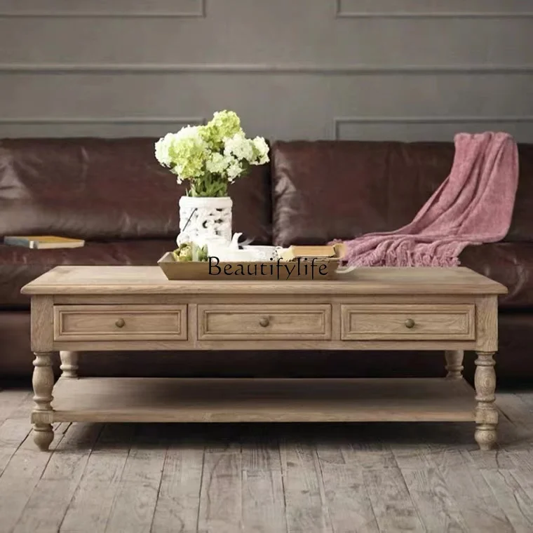 

04*American solid wood coffee table small apartment living room retro double layer modern simple small tea table home