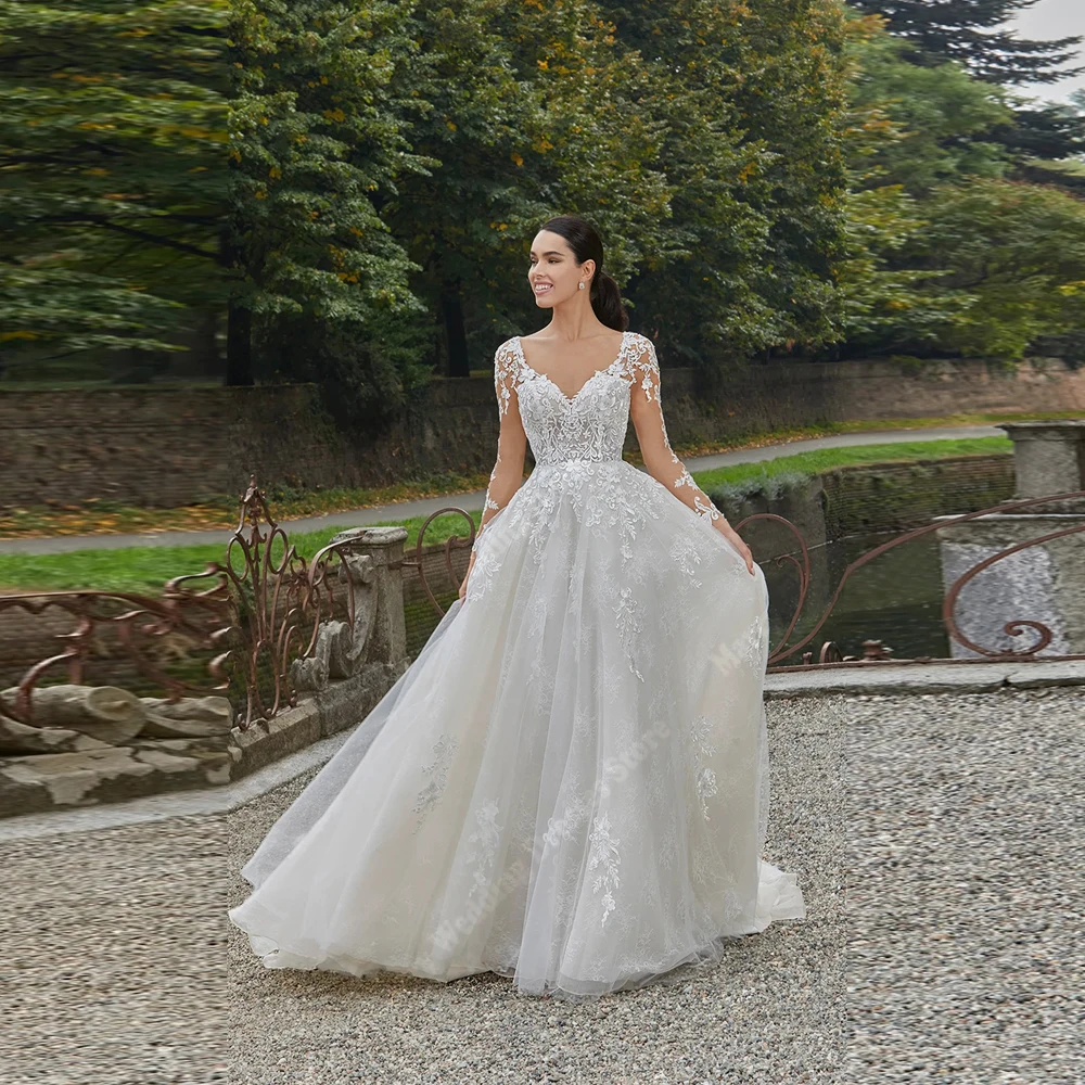 2026 Abiti da sposa squisiti personalizzati con scollo a V per le donne Romantico vintage Tulle A-Line Illusion Applique in pizzo Vestido De Novia