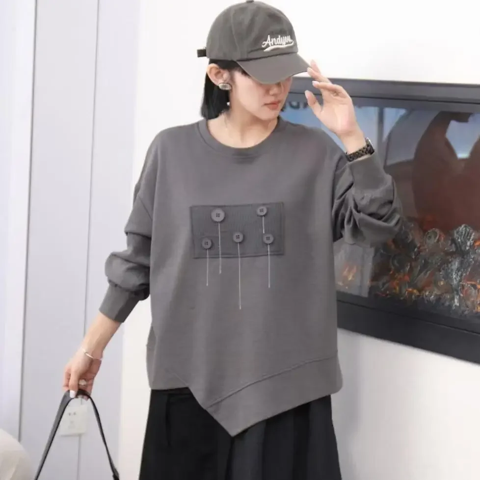 Dimanaf 2024 Pullover Autumn Buttons T-shirt Women Printing Asymmetrical Full Sleeve Loose White Black