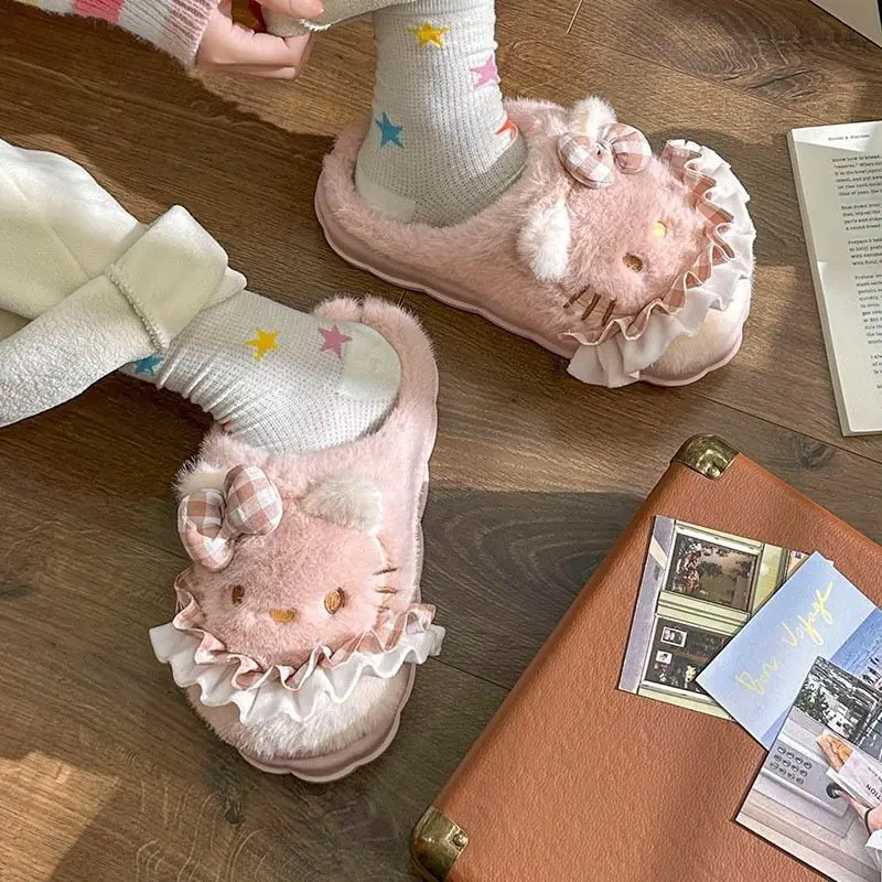 

Cute Hello Kitty Cotton Slippers for Women Soft Comfortable Cartoon KT Winter Keep Warm Plush Slippers House Shoes Holiday Gifts