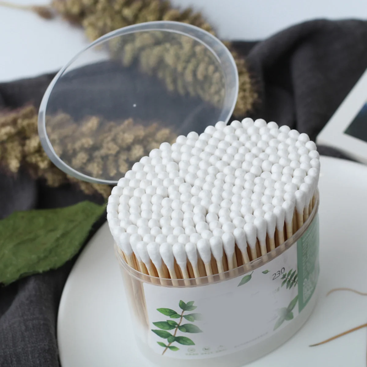 230 ชิ้นผู้หญิงรูปไข่ Canning ไม้ไผ่สุขาภิบาล Cotton Buds Double Head แต่งหน้าทําความสะอาดผ้าฝ้าย Swabs