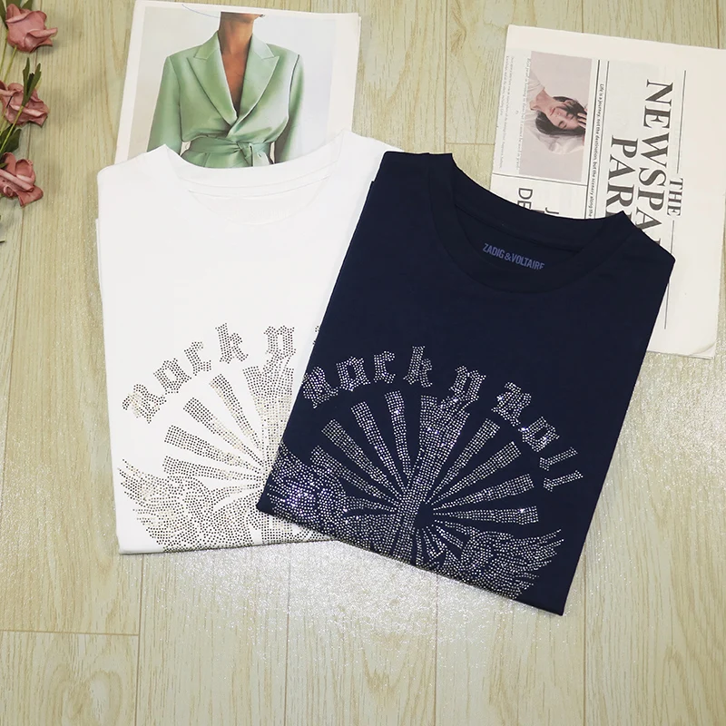 Luźna koszulka bawełniana damska na lato i wiosnę, okrągły dekolt, zdobiona diamentami, podstawowy krój, młodzieżowy top.