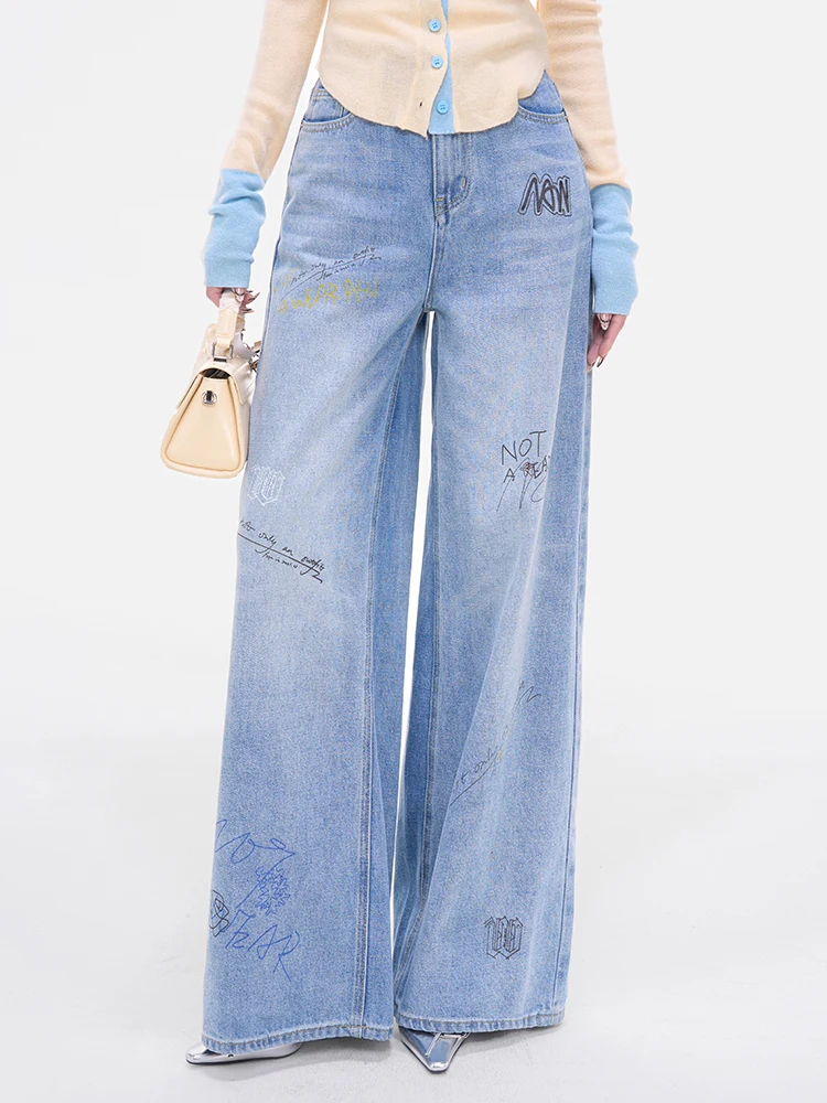 

Джинсы LADIESFIRST с ручной росписью в стиле граффити, широкие, в пол, свободные, универсальные, прямые, с надписями, повседневные, с высокой талией