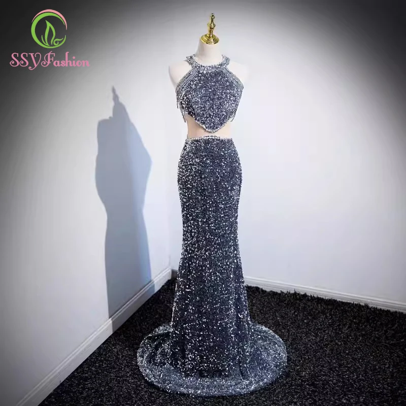 

SSYFashion New Grey Glittering Mermaid Evening Dress Sexy Halter Tassel Seuqins Beading Fishtail Party Formal Gowns for Women