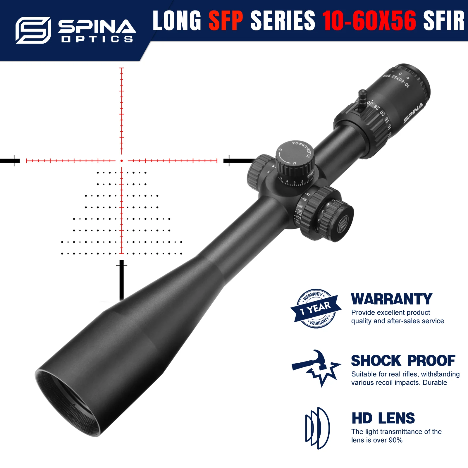 SPINA OPTICS FalconPoint 10-60X50 SFIR Tactical Riflescope 50-300m Sniper Sight Remote Hunting Turrets Lock Reset Parallax 10yds