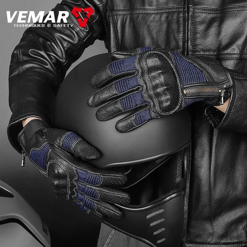 VEMAR Sheepskin Denim Fabric Motorcycle Gloves Summer Retro Breathable Genuine Leather Riding Guantes Motocross Motos Accessorie