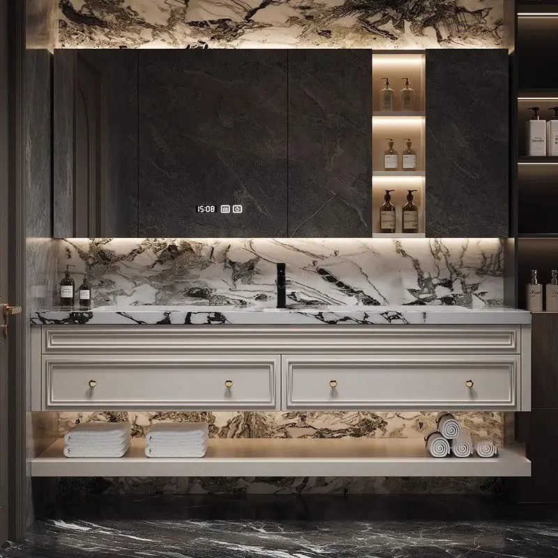 

Комплект мебели для ванной X-S: тумба с двойной раковиной из массива дерева, изготовленная методом горячей гибки, с интегрированной столешницей из каменной плиты.