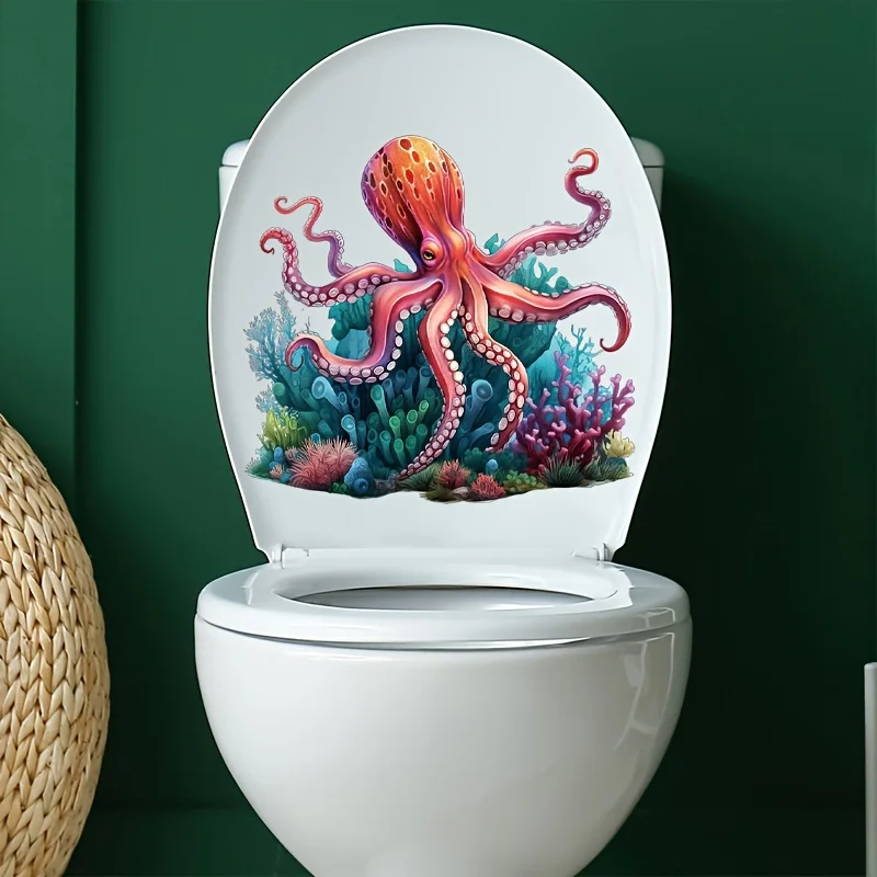 Deep Sea Octopus Toilet Lid Sticker, Home Bathroom Decal, Window Refrigerator Washing Machine Decorative Sticker S382