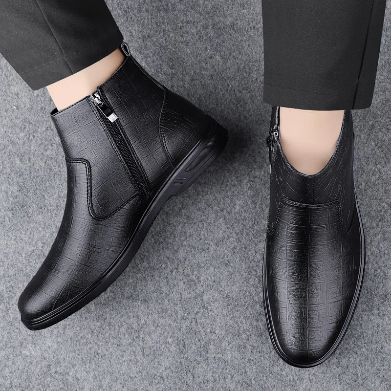 Luxury Brand Leather Men Chelsea Boots Genuine Leather Winter Plush Ankle Boots High Quality Business British Style Casual Boots