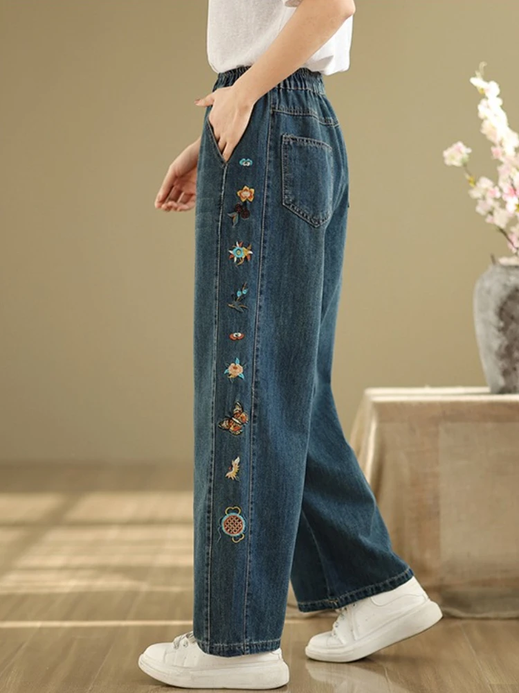 Women Retro Loose Casual Straight Leg Jeans Side Vintage Embroidery Design Sense Elastic Waist Slim Fit Denim Trousers