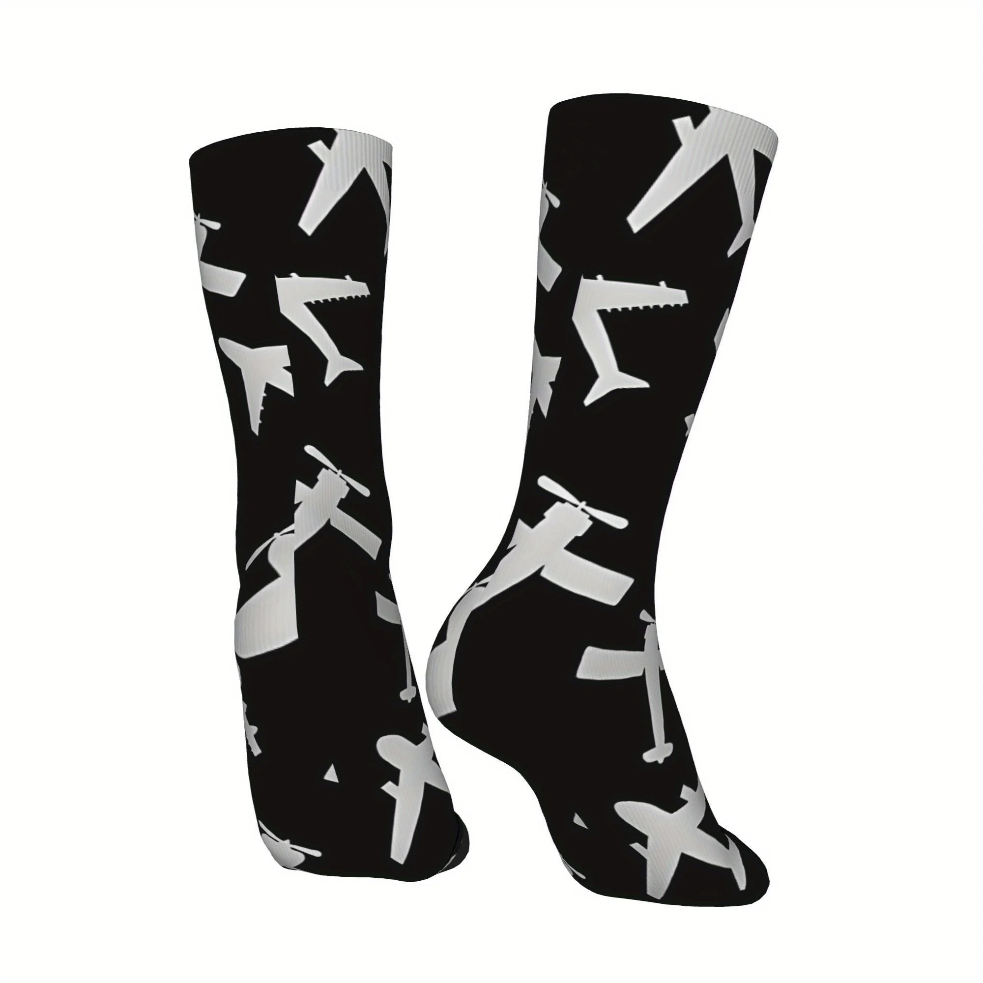 1 Pair Men'S Novelty Airplane Print Crew Socks, Polyester Blend (95% Polyester, 5% Elastane), Knit Fabric, Compression,