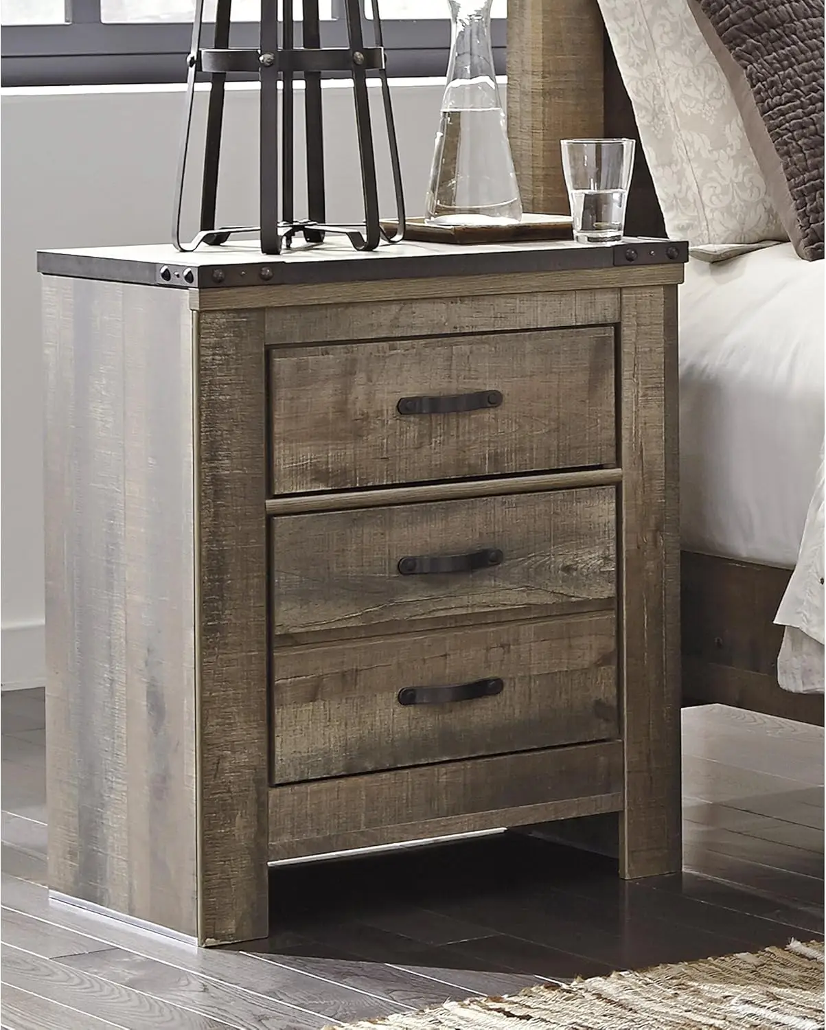 Signature Design by Ashley Trinell Rustic 2 Drawer Nightstand with USB Charging Stations, 29.65