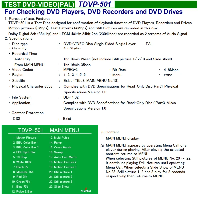 ABEX TEST DVD-VIDEO TDVP-501 EXAMINES DVD-VIDEO PLAYERS, MOVING PICTURES, TEST SIGNALS AND STILL PICTURES OF PAL SYSTEMS