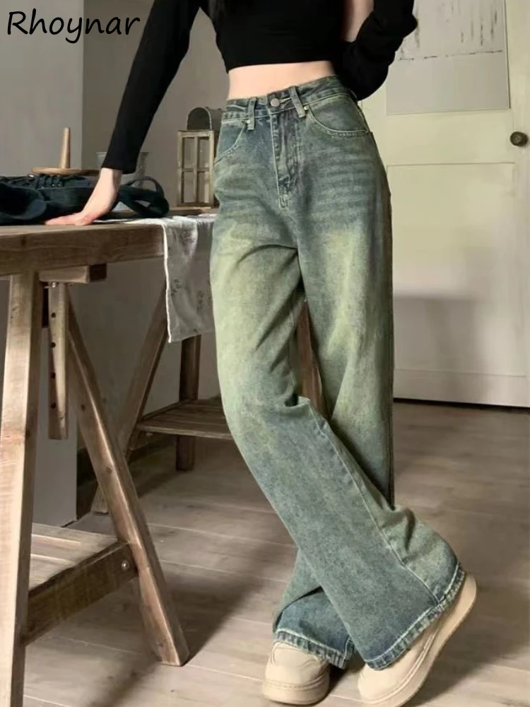 

Jeans Women Korean Fashion Straight Loose Designed Vintage Solid Simple All-match Floor-length Streetwear Leisure Slender Cozy