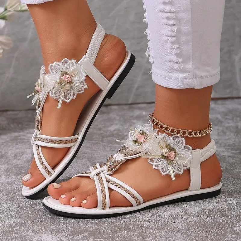 

Women's Open Toe Lace Floral Decor Sandals Rhinestone Ring Accent Ankle Strap Flat Casual Non-Slip Boho Shoes
