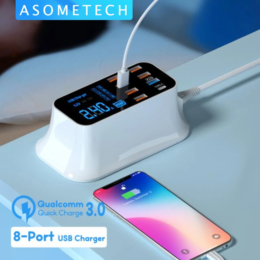 Quick Charge 3.0 Smart USB Type C Charger Phone USB Charger Fast Charging Desktop Socket Adapter Station Led Display For