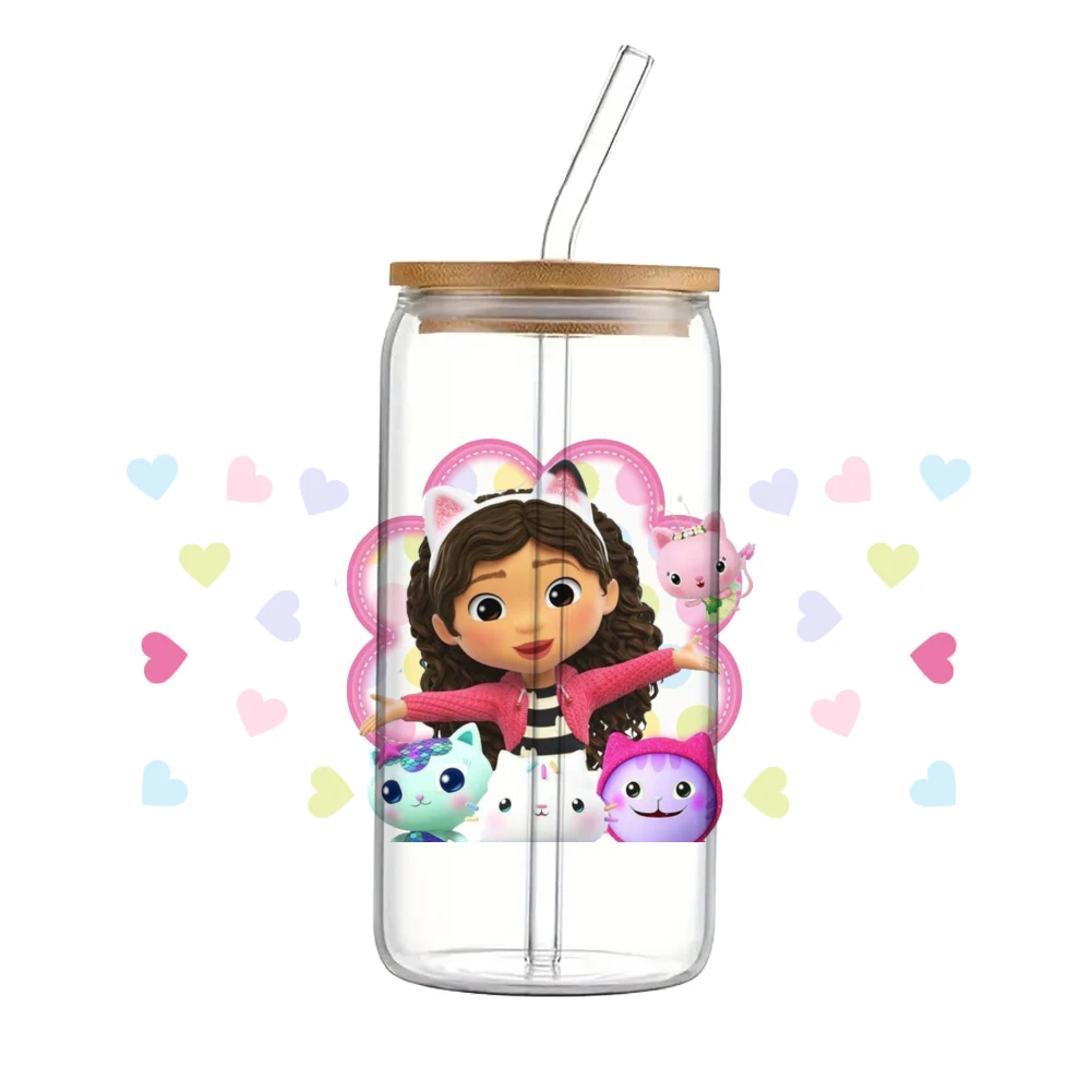 Uv dtf adesivo para meninas, bonecas bonitos dos desenhos animados, padrão kawaii, para 16oz Libbey copo de vidro, decalques impermeáveis, 11x24cm