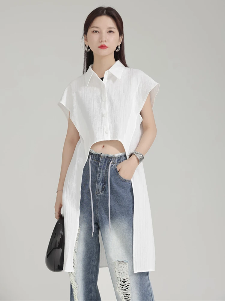 

HUISONG Women White Back Long Irregular Hem Big Size Blouse New Lapel Short Sleeve Shirt Fashion Tide Spring Summer 2025
