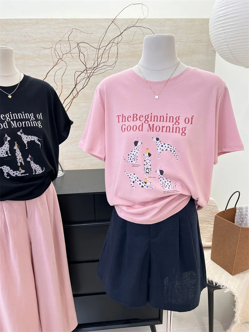 

Summer Dopaamine Loose round Neck Fun Print White Short Sleeve Women's T-shirt Versatile Tee Korean Style Cotton Blend Elasti...