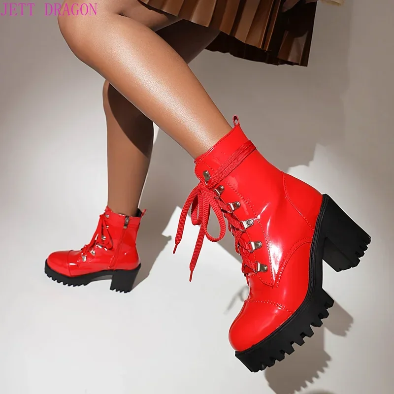 Lace Up Sexy Women\'s Boot Winter Fashion Platform Boots Punk High Heels Black White Red Ankle Boots Autumn Rubber Shoes Women