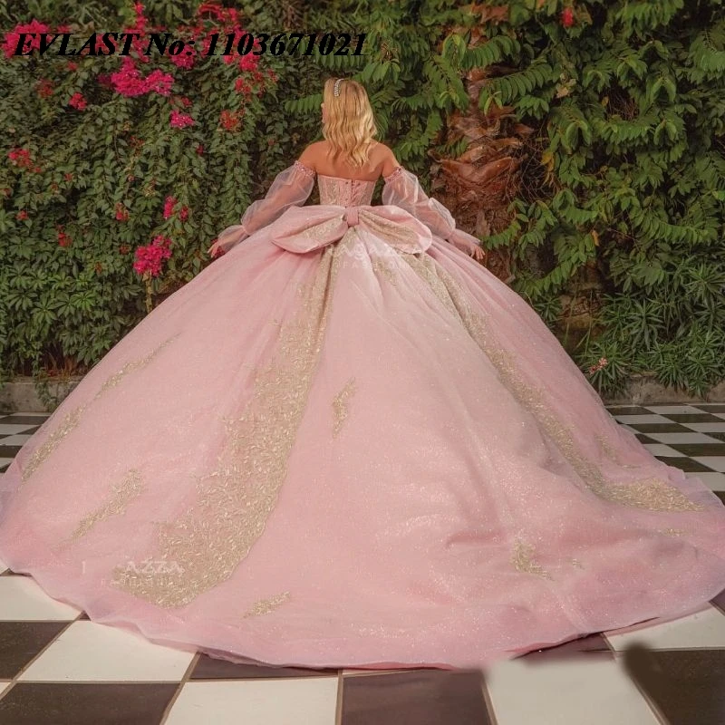 EVLAST Pink Quinceanera Dress Ball Gown Gold Lace Applique Long Sleeve Beaded Crystals Bow Sweet 16 Vestidos De XV 15 Anos SQ104