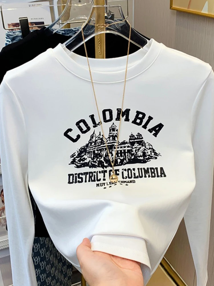 White Long Sve Printed Heart Women's Base irt Inner Wear T-irt Korean Sle Commute Faion Pure Cotton  Knot