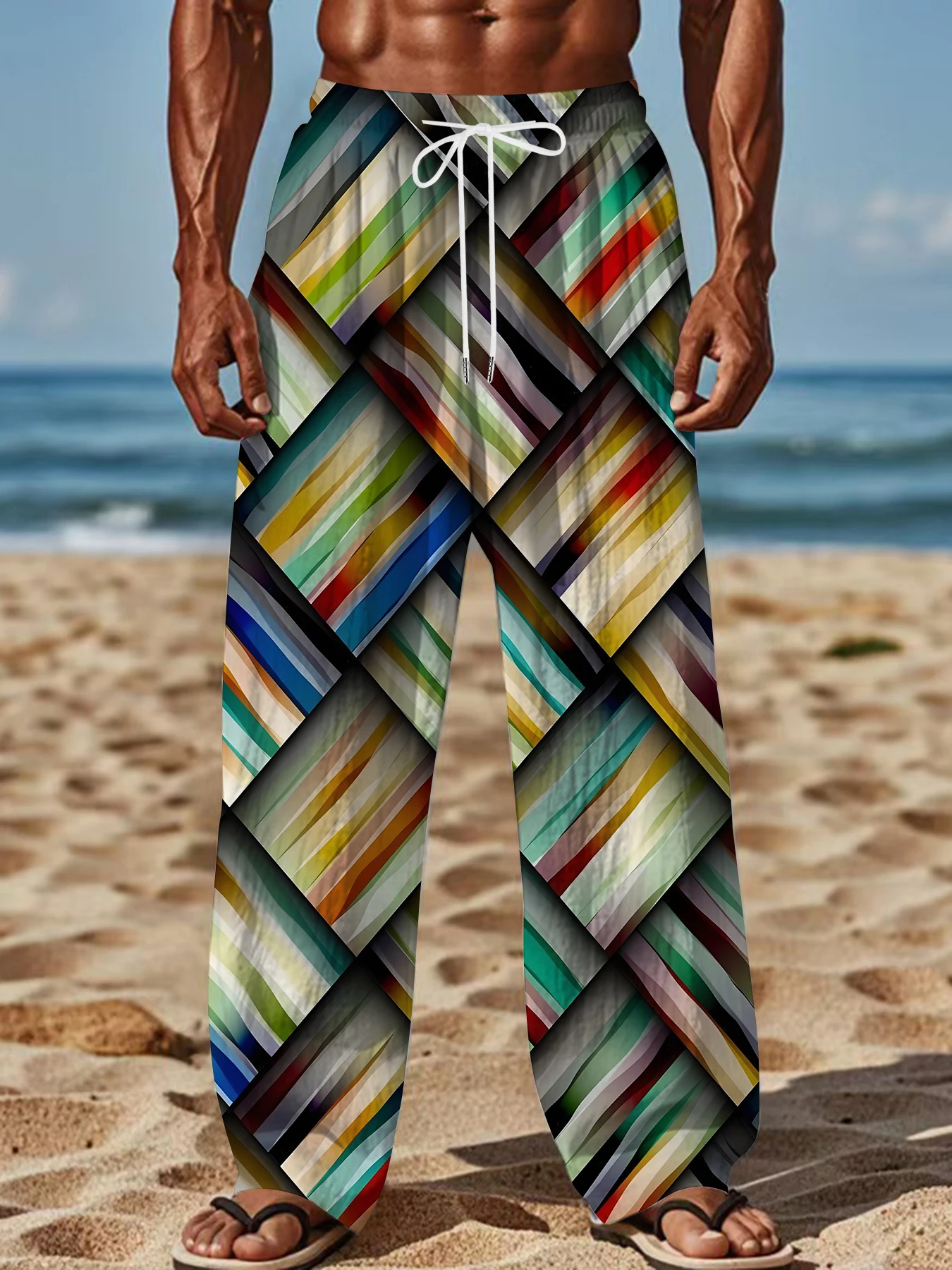 

2026 Men's Printed Straight Leg Pants Drawstring Waist Loose Fit Casual Summer Beach Wear Fashion Trendy Trousers
