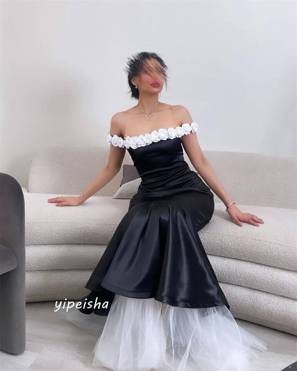 Prom Dress Satin Flower Draped Pleat Birthday Mermaid Off-the-shoulder Bespoke Occasion Gown Long Dresses Evening Saudi Arabia