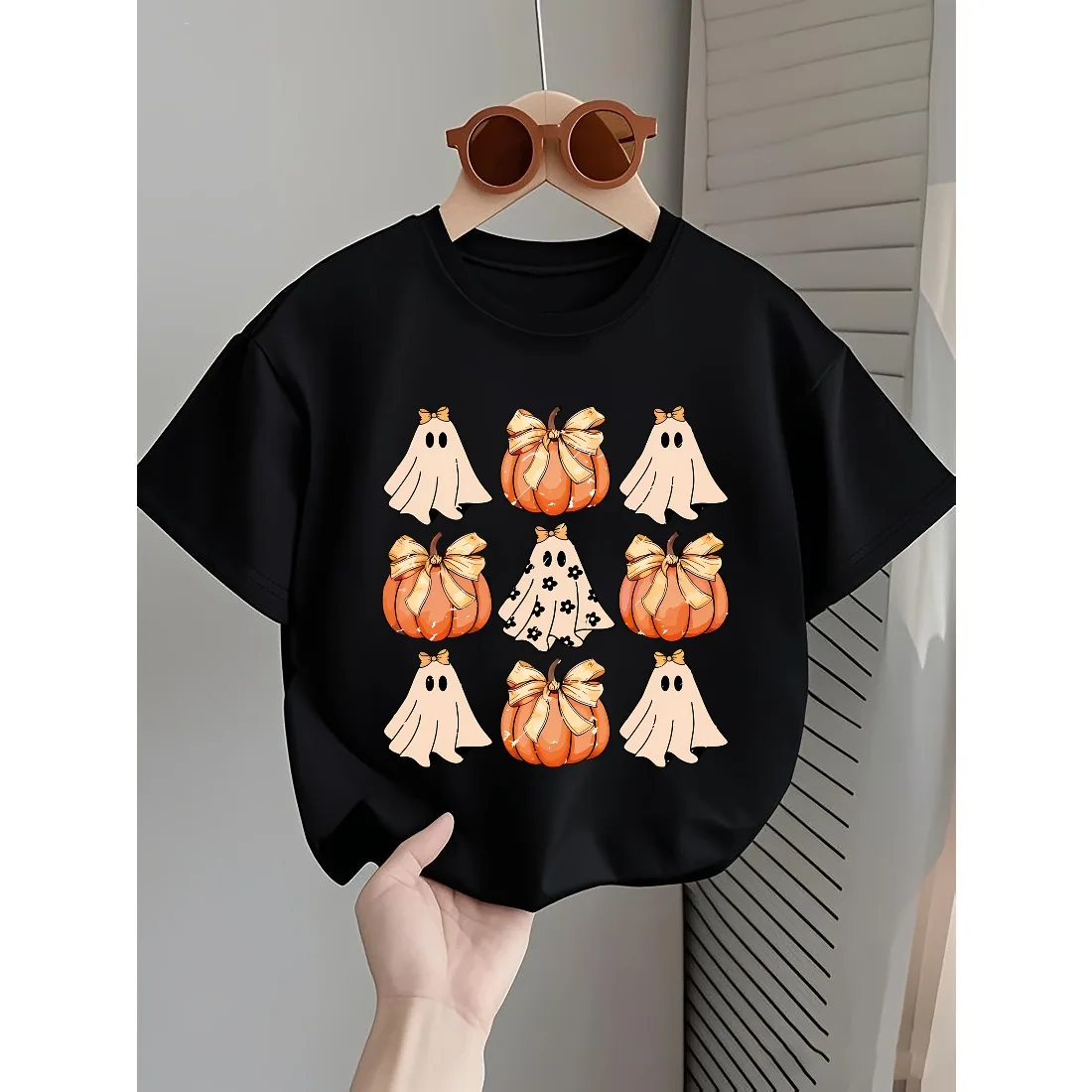 Children's T-shirt Soft Skin Friendly Breathable Loose Comfortable Casual Pumpkin and Ribbon Printed Pattern Short Sleeved