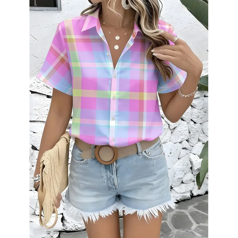 Women Casual Short Sleeve Plaid Shirt Pink Blue Main Tone Soft Fresh Style Button Up Top Machine Washable Fashionable Hot Item