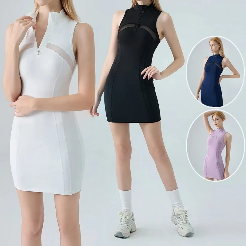 

Summer Tennis Dresses Women Sleeveless Bodycon Skinny Dress for Athletic Lady Zipper Collar Golf Sport Pickleball Skirts