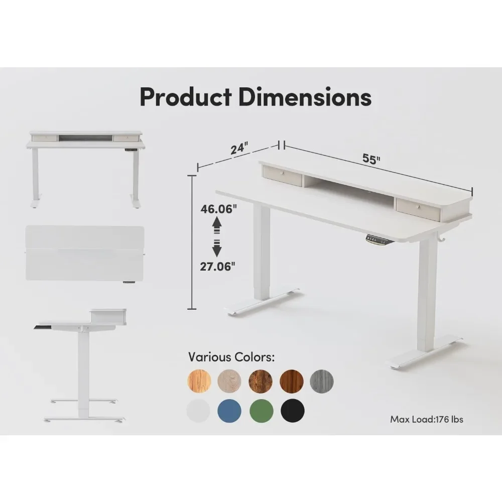 55x24 Inch Electric Standing Desk With Double Drawers Adjustable Height Stand Up Desk White Top Freight Free Table Study Writing