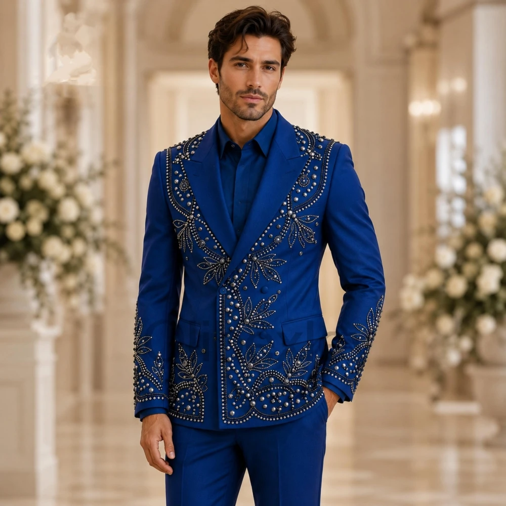 Olibexley Royal Blue Groom Wedding Classic Men's Suits Double Breasted Slim Fit Embroidered Lapel Prom Tuxedo Customized S235