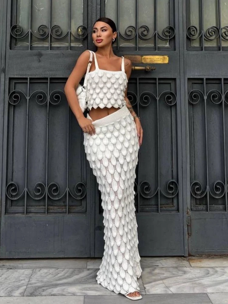 

EOENKKY Womens Scale Knitted Skirt Sets Elegant Chic Holidays Tank Tops + Long Skirts 2 Piece Sets Hot Sexy Hollow Out Dress Set