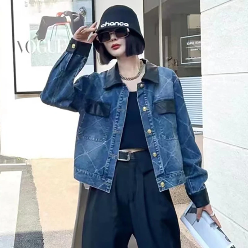 Harajuku Kontrast Farbe PU Leder Revers Patchwork Denim Mantel Herbst Beiläufige Lose Jeans Jacke Weibliche Schwarz Kamel Kurze Outwear