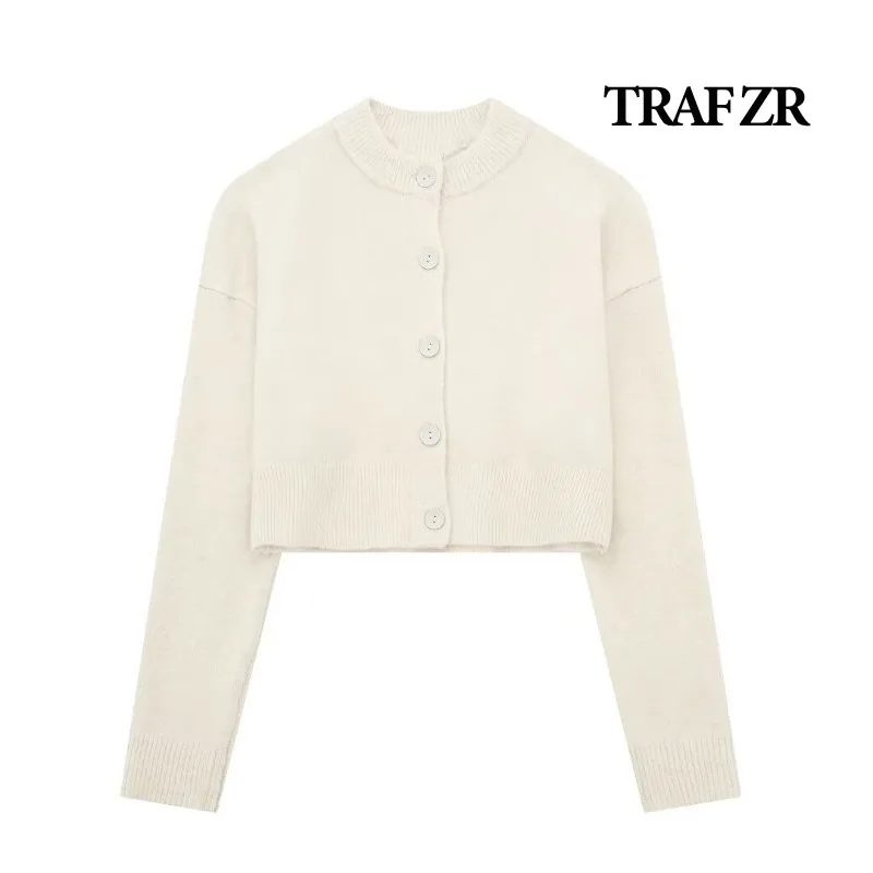 TRAF ZR Cropped Cardigan Swetry z długim rękawem Y2k Vintage Top Minimalistyczna dzianina Solidne przytulne swetry Damski sweter jesienny