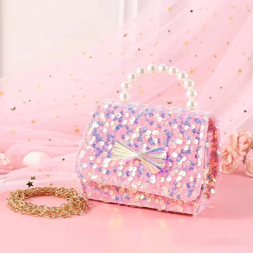 Stylish Sequin Princess Crossbody Bag Bowknot Pearl Handle Girls Purse Glitter Detachable Strap Handbag