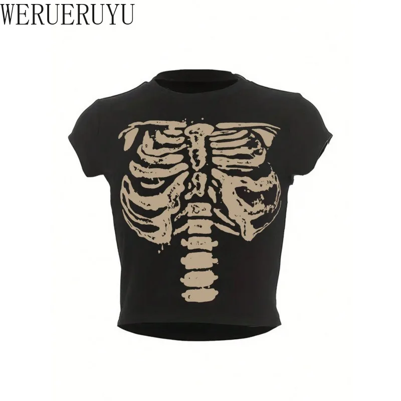 Punk Dark Style T Shirt Summer Crop Top Women Y2k Clothes Short Sleeve Tee Black Retro Print Graphic T Shirts for Women 2025 New
