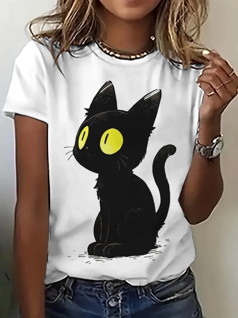 

Cute Cat Cartoon Cool Women's T-shirt Fashion Woman Blouse Cute Kawaii Cat Tops Shirts Black Cats O-neck Summer Short Sleeve Tee