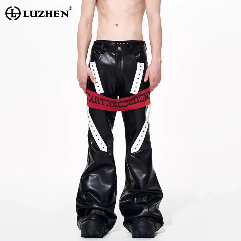 

LUZHEN 2025 оригинальные высококачественные кожаные брюки контрастного цвета, мужские стильные красивые мотоциклетные повседневные брюки JY5804