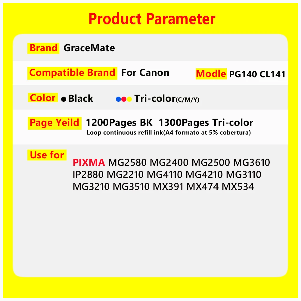 GraceMate Refillable Ink Cartridges Compatible for Canon PG140 CL141 pg140 cl141 Pixma MG2580 MG2400 MG2500 IP2880 MG3610 Inkjet